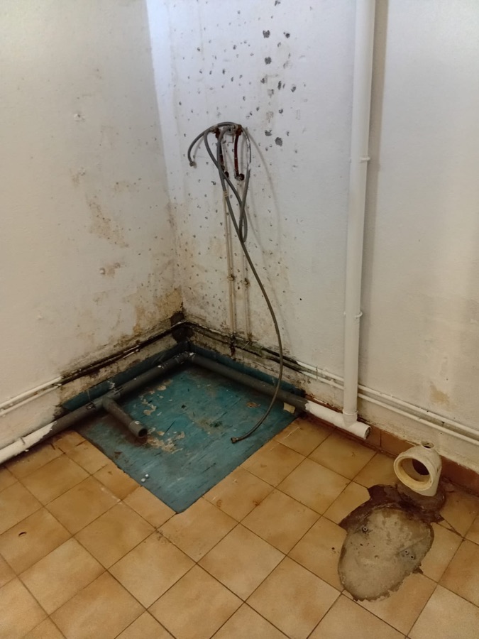 Douche avant rénovation : murs dégradés et réseaux apparents